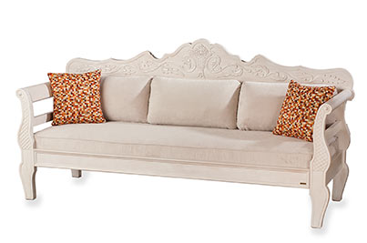 Καναπές ΙΚΑΡΟΣ τριθέσιος με ολόκληρη πλάτη ξυλόγλυπτο 200×73×100εκ από ξύλο οξιάς σε λευκό ντεκαπέ - κάθισμα με αφρώδες λάτεξ και οβάλ πλάτες