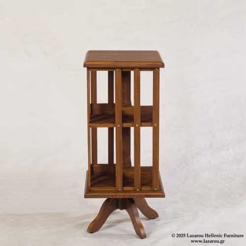 Low revolving bookcase 35×35×83cm, impregnated with handmade propolis glaze that highlights the wood grain.