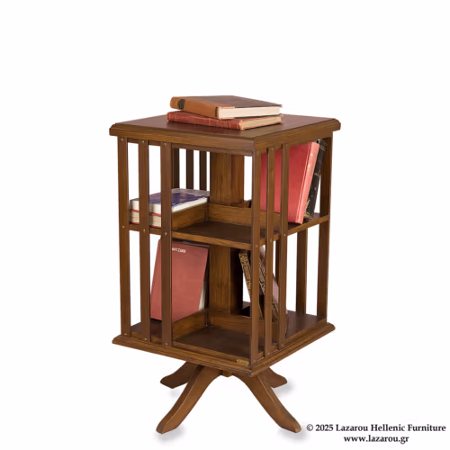 Rotating bookcase 43×43×80cm, impregnated with handmade propolis glaze that highlights the wood grain, decorated with books.