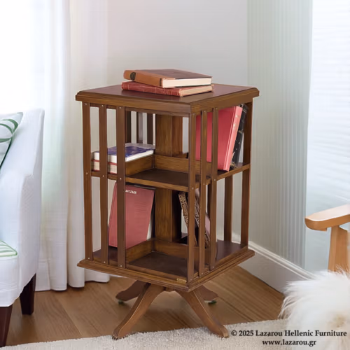 Rotating bookcase 43 × 43 × 80 cm, made of solid European beech wood in walnut color.