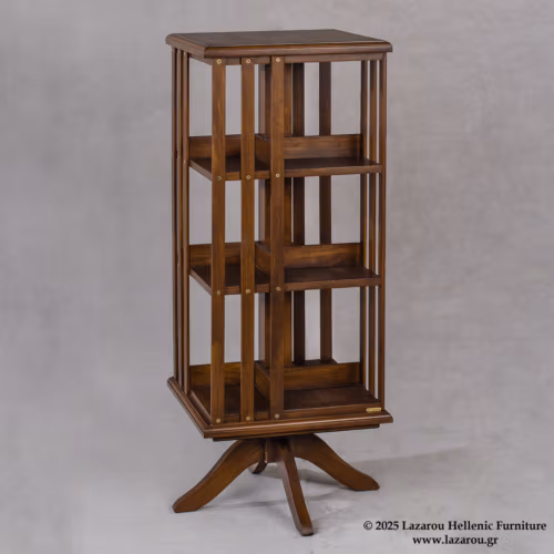 Rotating bookcase 43×43×110cm, impregnated with handmade propolis glaze that highlights the wood grain, on a gray background.