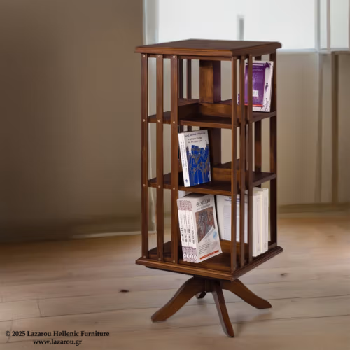 360 rotating bookcase 43 × 43 × 110 cm., with two shelves, made of solid European beech wood in walnut color.