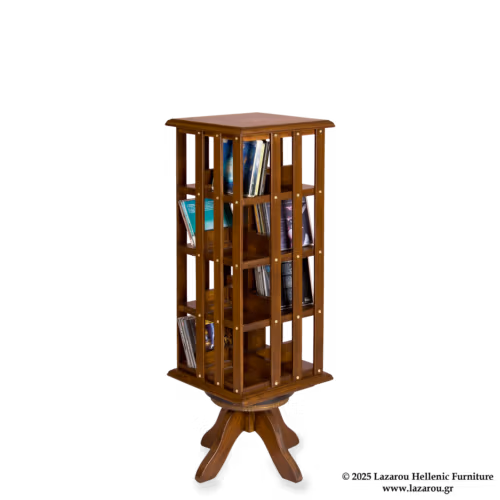 Bookcase rotating table, made of solid European beech wood in walnut color.