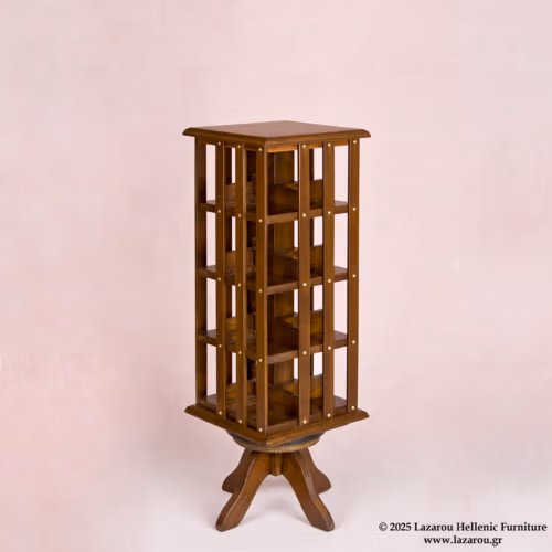 Small rotating bookcase table, dimensions 29x29x88cm, impregnated with handmade propolis glaze that highlights the wood grain.