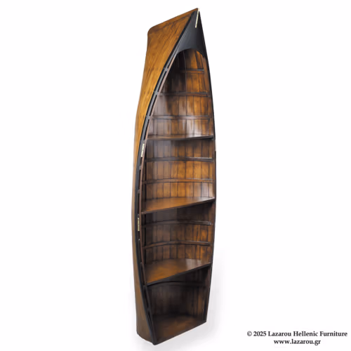 Nautical boat bookcase LEMBOS dimensions 216×80×39cm. made of durable okoumé wood on a white background.